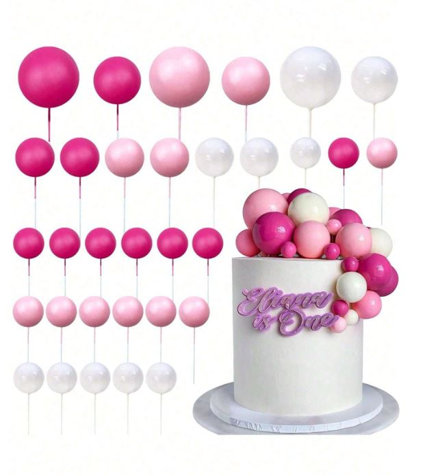 32 Pcs Dark Pink, Light Pink and White  Foam Ball Cake Topper Set