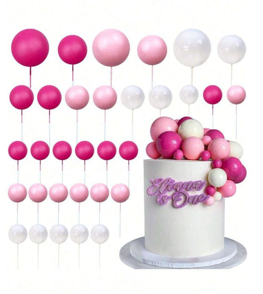 32 Pcs Dark Pink, Light Pink and White  Foam Ball Cake Topper Set