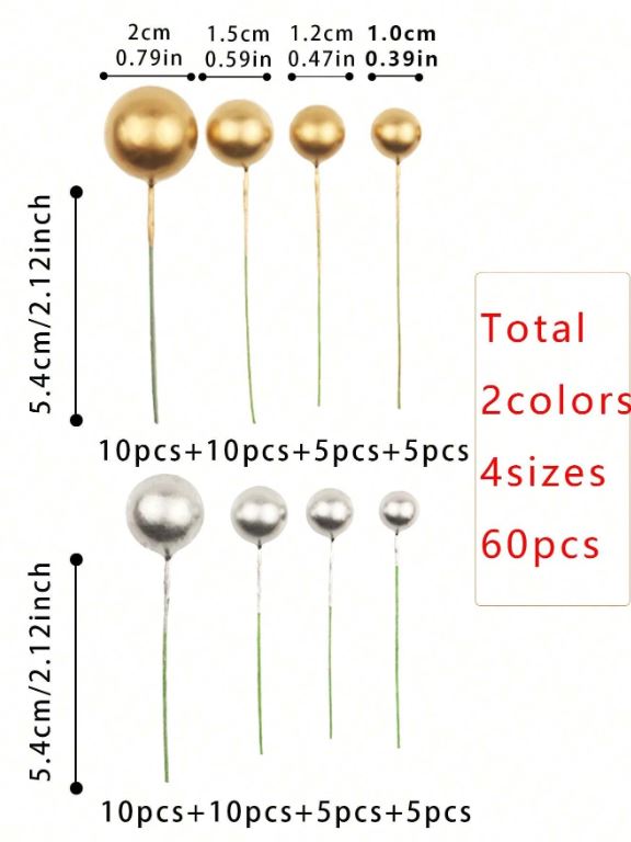 60pcs Mixed Sizes Luxury Golden And Silver Foam Ball Cake Topper