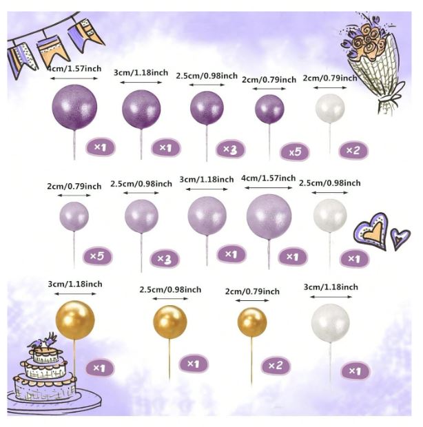 32pcs Purple, Gold and White Foam Balls Cake Topper