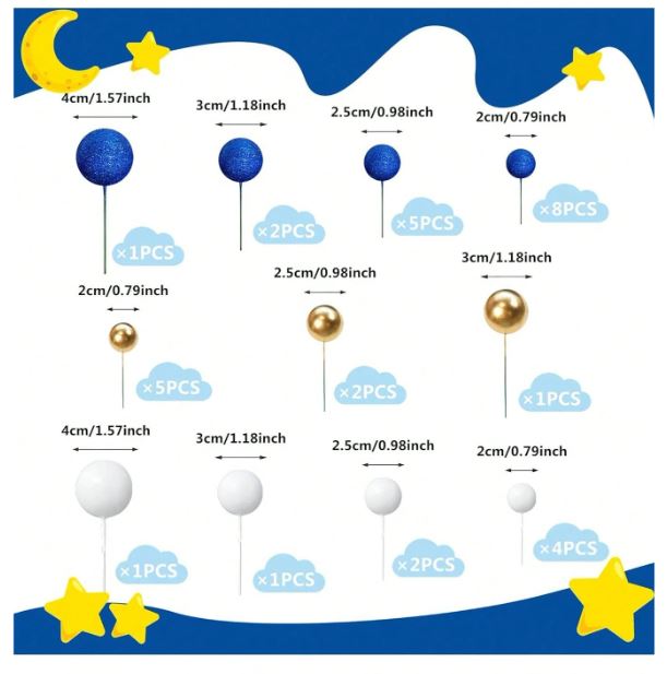 32pcs Mixed Blue, White, and Gold  Cake Ball Decorations