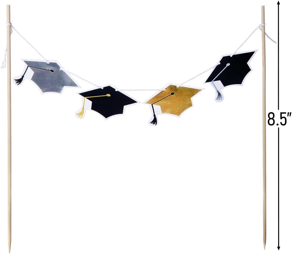 Black, Gold & Silver Graduation Cap Garland Cake Topper