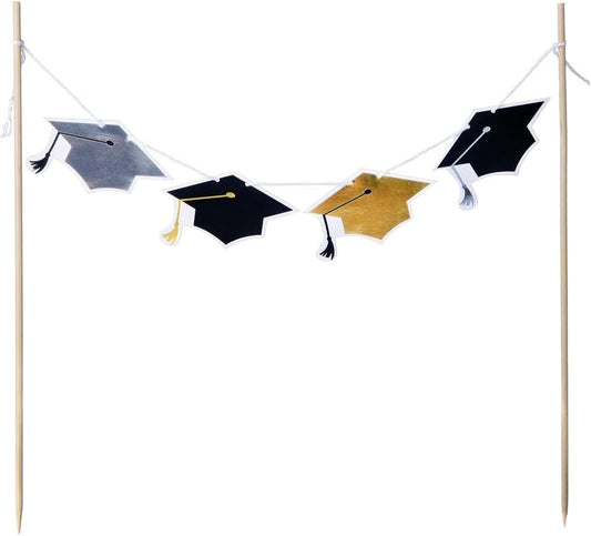 Black, Gold & Silver Graduation Cap Garland Cake Topper