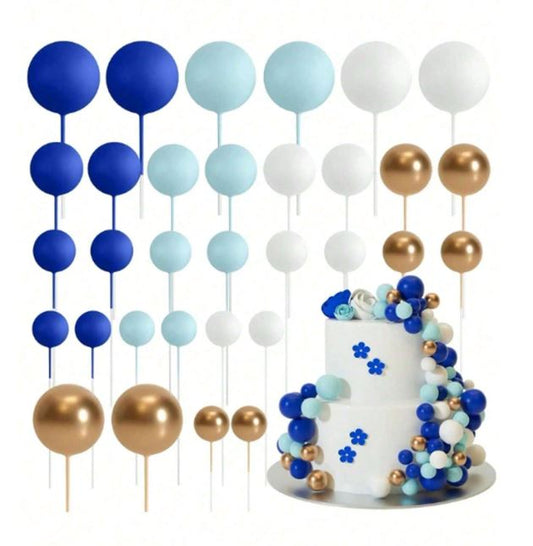 32pcs Dark Blue, Light Blue, White and Gold Foam Balls Cake Topper Set