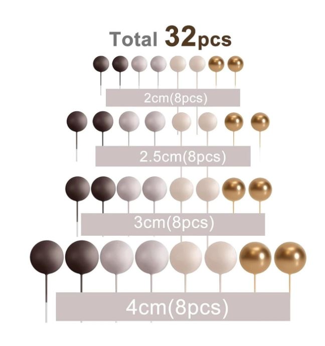 32 Pcs Shades of Brown and Gold - Sticks Foam Balls Cake Topper