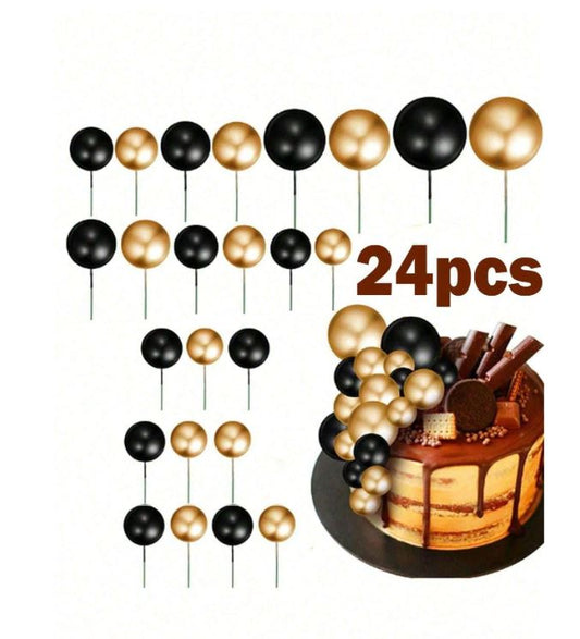 24pcs Black and Gold Foam  Balls Cake Topper Set