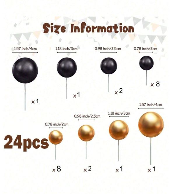 24pcs Black and Gold Foam  Balls Cake Topper Set