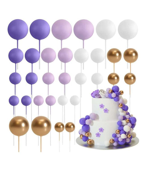 32 Pcs Shades of Purple and Gold - Sticks Foam Balls Cake Topper