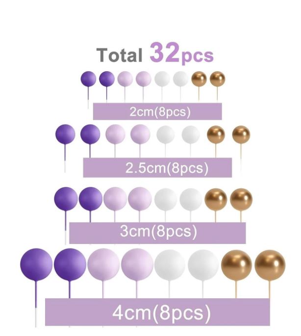 32 Pcs Shades of Purple and Gold - Sticks Foam Balls Cake Topper
