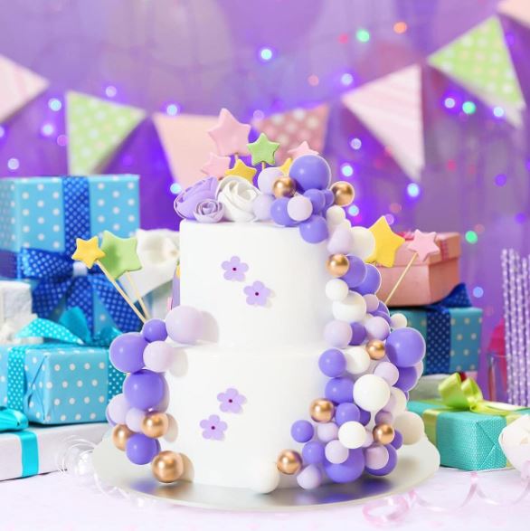 32 Pcs Shades of Purple and Gold - Sticks Foam Balls Cake Topper