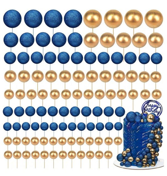 108pcs Iridescent Blue And Gold Foam Balls Cake Topper