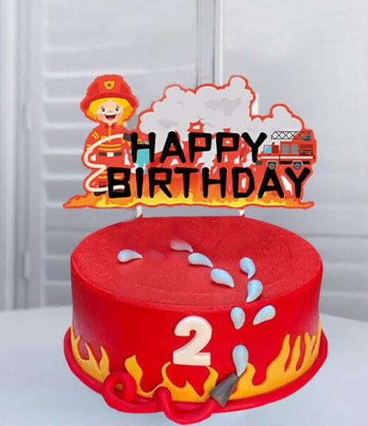 Fire Truck Themed Happy Birthday Cake Topper