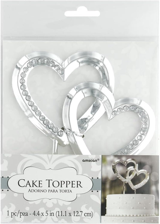 Silver Twin Hearts with Gems - Wedding Cake Topper