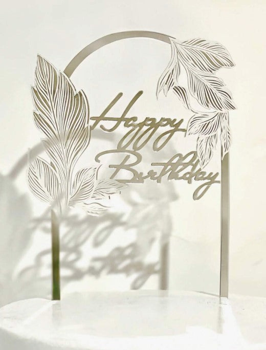 Happy Birthday Topper with Leaves - Silver