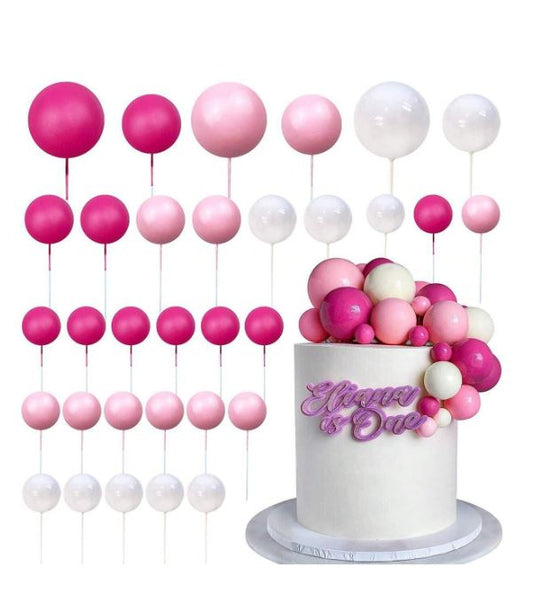 32 Pcs  Pink and White - Sticks Foam Balls Cake Topper