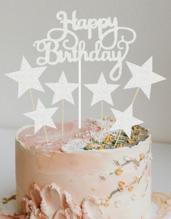 Silver Five-pointed Star Happy Birthday Cake Topper