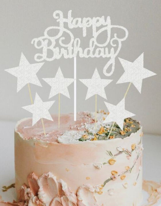 Silver Five-pointed Star Happy Birthday Cake Topper