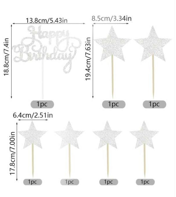 Silver Five-pointed Star Happy Birthday Cake Topper