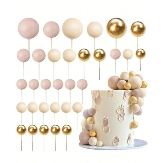 32pcs Blush Pink, Ivory and Gold Foam Balls Cake Topper Set