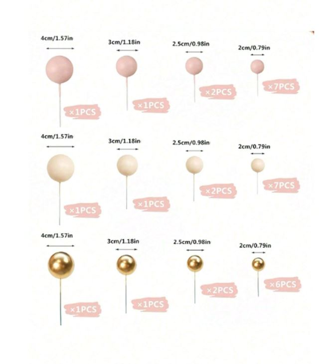 32pcs Blush Pink, Ivory and Gold Foam Balls Cake Topper Set