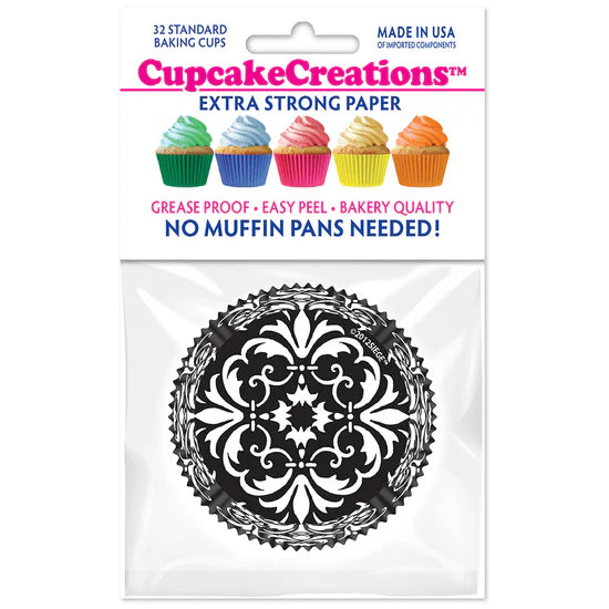 Black Damask Baking Cups - Cupcake Creations