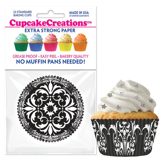 Black Damask Baking Cups - Cupcake Creations