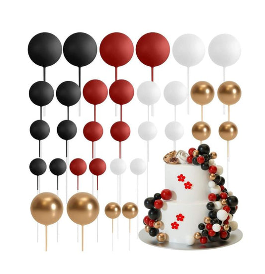 32 Pcs  Red, Black, White and Gold - Sticks Foam Balls Cake Topper