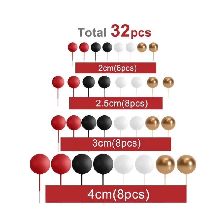 32 Pcs  Red, Black, White and Gold - Sticks Foam Balls Cake Topper