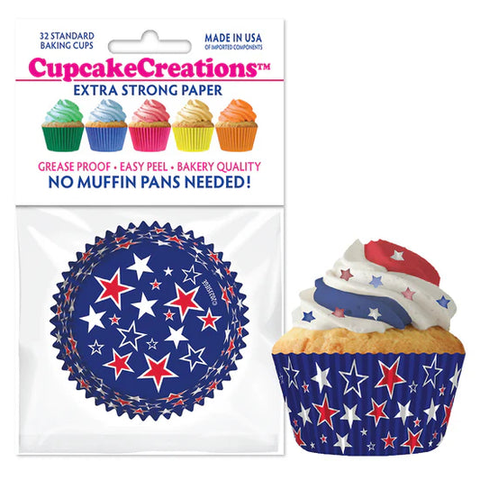Red, White & Blue Stars on Blue Baking Cups - Cupcake Creations