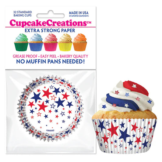 Red, White & Blue Stars on White Baking Cups - Cupcake Creations