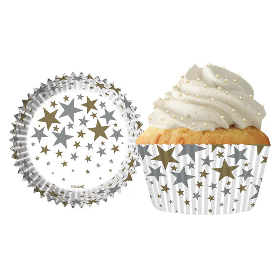 Gold & Silver Stars on White Baking Cups