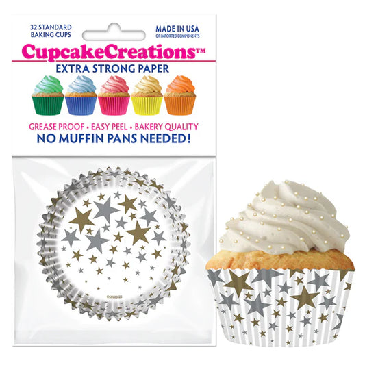 Gold & Silver Stars on White Baking Cups
