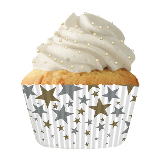 Gold & Silver Stars on White Baking Cups
