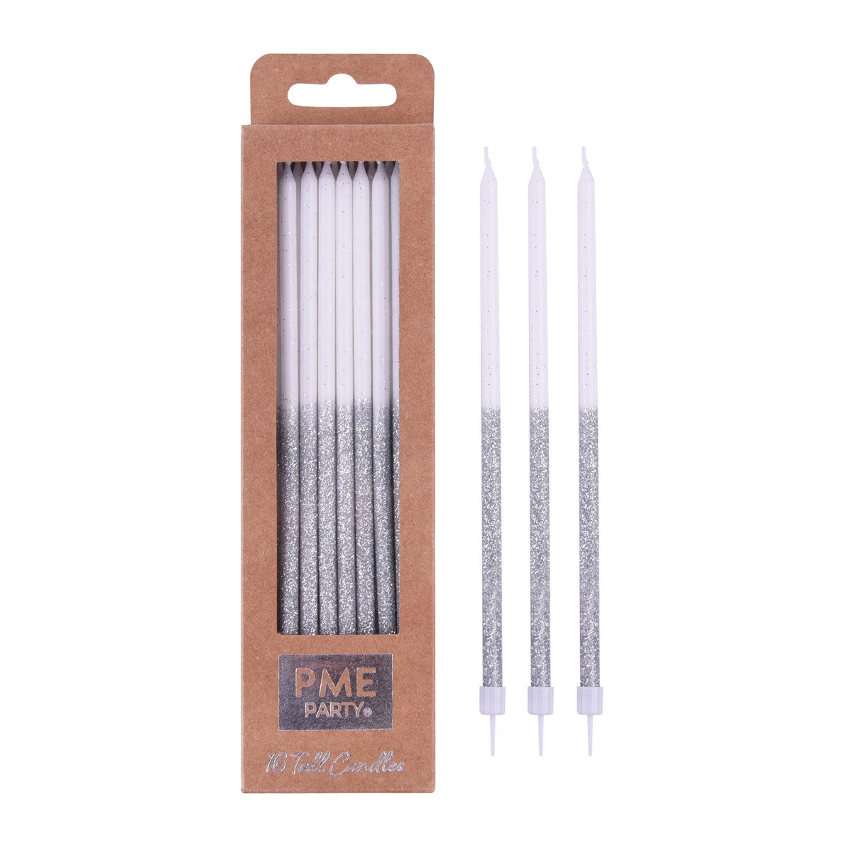 Candles Tall - Silver Glitter Pk/16