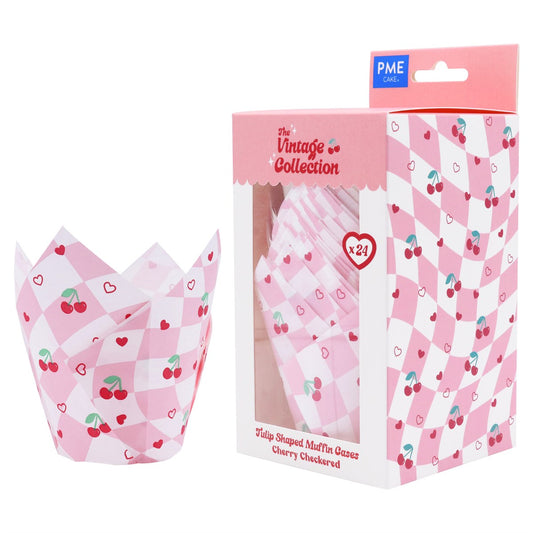 Vintage Tulip Muffin Cases - Cherry Checkerboard (Pack of 24)