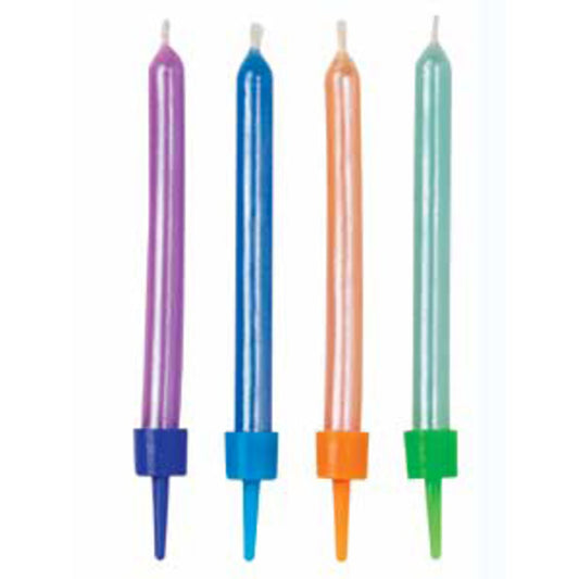 Pearlized Purple, Blue, Orange and Green Birthday Candles with Plastic Candle Holders