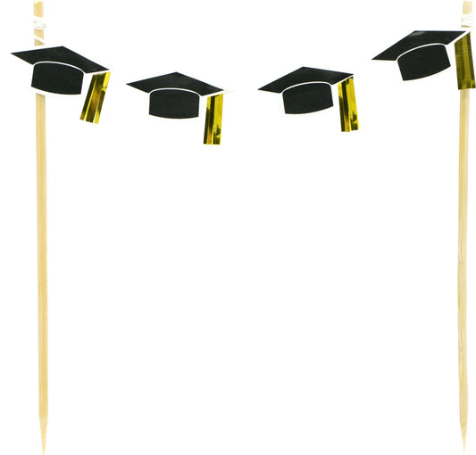 Graduation Cap Banner Cake Treat Topper, Black/Gold