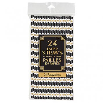 Paper Straw (24) - Black and White with Gold Stars