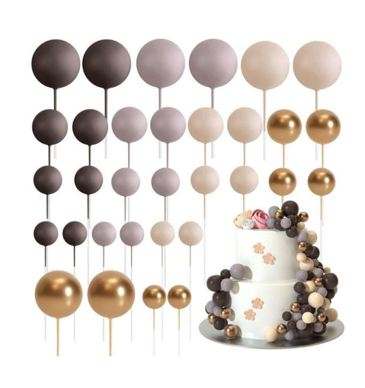 32 Pcs Shades of Brown and Gold - Sticks Foam Balls Cake Topper